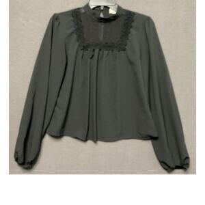 A.N.A Black Lace Front Blouse Long Sleeve Keyhole Back Polyester Womens XS